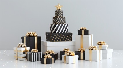 Gift boxes in black white and gold designs arranged as a triangle shaped like a Christmas tree or cake