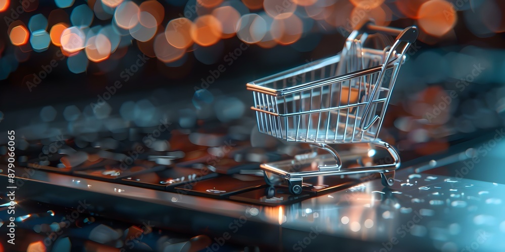 Poster creating cyber monday graphics with neon elements on a futuristic laptop screen for ecommerce. conce