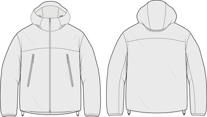 Hooded windbreaker jacket technical CAD fashion illustration front and back views Template for Outerwear Design and Sportswear Tech Packs