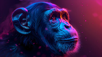 Chimpanzee Portrait in Neon Lights - 3D Illustration