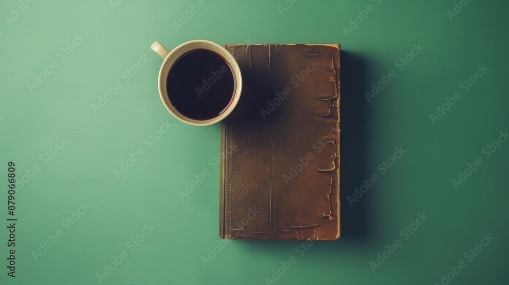 Poster vintage hardback book coffee and green background suggest the concept of education reading and resea