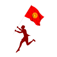 Vector illustration of man running and holding Kyrgyzstan flag in hands on transparent background