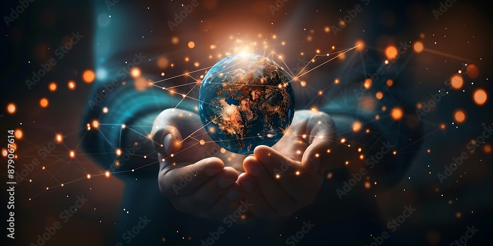 Poster abstract palm hands with global network connections, innovative technologies in the field of science