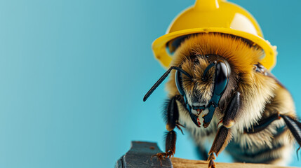 Worker bee concept image with a bee with a safety helmet on blue background with copy space