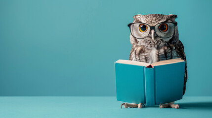 Wisdom and education concept image with a wise owl reading a book on blue background with copy space