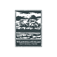 Wrangell St Elias national park vector illustration in stamp style.