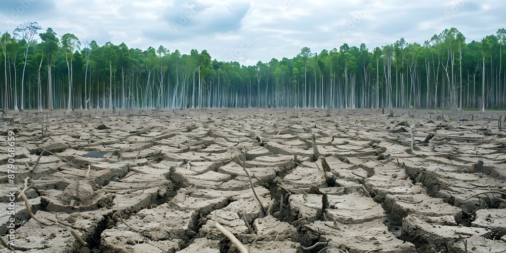 Poster visual representation of deforestation showing the remaining trees in a cleared area. concept defore