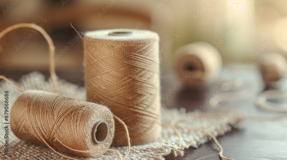 Poster beige thread spools on table with blurred background empty space