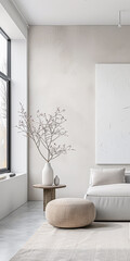 Minimalist living room interiors with plain window lighting, minimal furniture ornaments and copy space. Interiors designer composition in neutral colors.