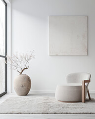Minimalist living room interiors with plain window lighting, minimal furniture ornaments and copy space. Interiors designer composition in neutral colors.