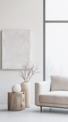 Minimalist living room interiors with plain window lighting, minimal furniture ornaments and copy space. Interiors designer composition in neutral colors.