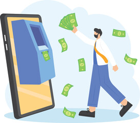 A male customer standing near an ATM. Vector outline illustration, perform financial transactions using an ATM. online banking and payment concept. money transfers. Falling Money on the mobile.

