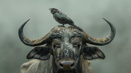 Naklejka premium African Buffalo with a Bird on Its Head