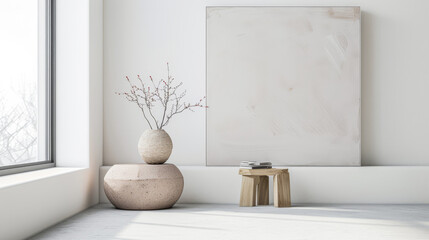 Minimalist living room interiors with plain window lighting, minimal furniture ornaments and copy space. Interiors designer composition in neutral colors.