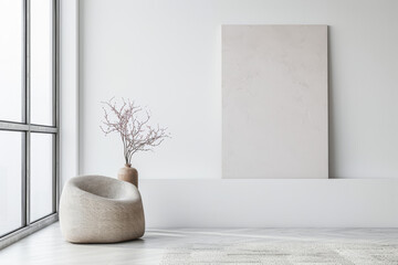 Minimalist living room interiors with plain window lighting, minimal furniture ornaments and copy space. Interiors designer composition in neutral colors.