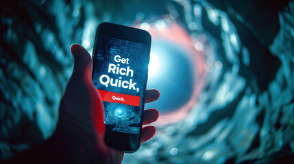 Hand Holding Phone with Get Rich Quick Pop-Up Ad