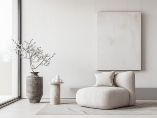 Minimalist living room interiors with plain window lighting, minimal furniture ornaments and copy space. Interiors designer composition in neutral colors.