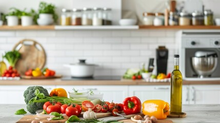 Fresh Vegetables On Kitchen Counter With Olive Oil