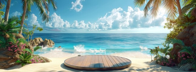 Obraz premium tropical beach background with podium scene for summer product display and vacation concept, tropical leaves and ocean waves in the sand