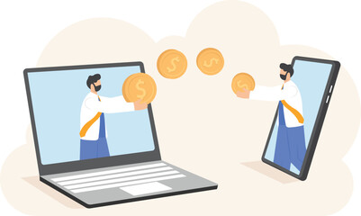 Businessman with foreign currency. Savings or income increase, growth. Business Coach Explaining Finance Strategy. Social network landing page. Flat design vector outline Illustration.

