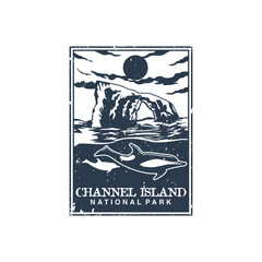 Channel Island national park vector illustration in stamp style.