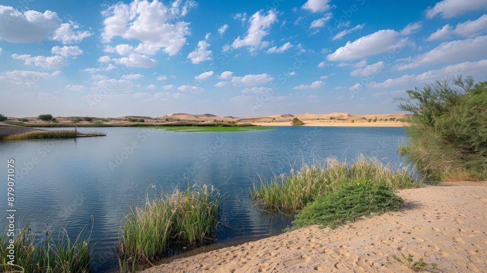 Sticker the serenity of the al qudra lakes, a popular spot for birdwatching and picnics amidst the desert