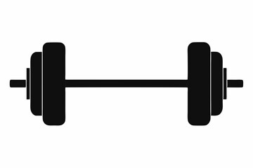 Simple black silhouette dumbbell icon with minimalist flat design for fitness, gym, exercise, weightlifting, and strength training, isolated on white background