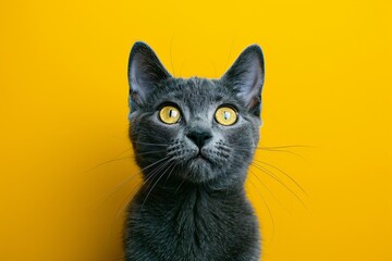 Obraz premium A captivating image of a grey cat with expressive eyes on an abstract yellow background that would be a hot wallpaper and background 