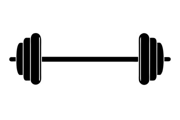 Simple black silhouette dumbbell icon with minimalist flat design for fitness, gym, exercise, weightlifting, and strength training, isolated on white background