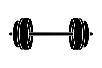 Simple black silhouette dumbbell icon with minimalist flat design for fitness, gym, exercise, weightlifting, and strength training, isolated on white background