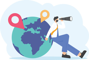 Investment search business. Businessman looking or searching with a spyglass or a telescope. man sits on a globe and broadens horizons. global business vision. future opportunity. Vector

