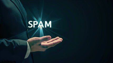 Businessman Holding 'SPAM' Text Hologram - Cybersecurity Concept with Futuristic Technology Display