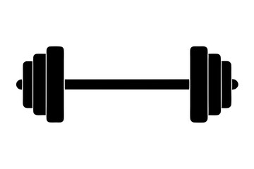 Simple black silhouette dumbbell icon with minimalist flat design for fitness, gym, exercise, weightlifting, and strength training, isolated on white background