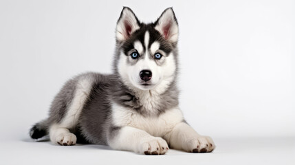 Obraz premium Cute little Siberian husky puppy dog sitting isolated on white background