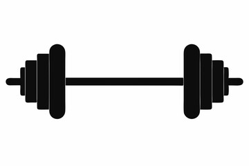 Simple black silhouette dumbbell icon with minimalist flat design for fitness, gym, exercise, weightlifting, and strength training, isolated on white background