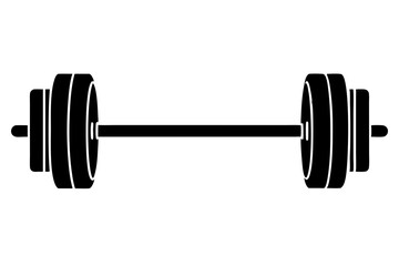 Simple black silhouette dumbbell icon with minimalist flat design for fitness, gym, exercise, weightlifting, and strength training, isolated on white background