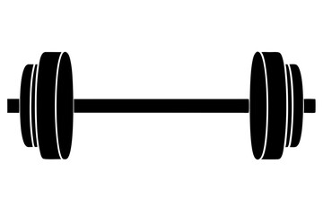 Simple black silhouette dumbbell icon with minimalist flat design for fitness, gym, exercise, weightlifting, and strength training, isolated on white background