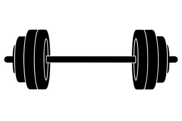 Simple black silhouette dumbbell icon with minimalist flat design for fitness, gym, exercise, weightlifting, and strength training, isolated on white background