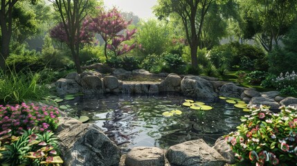 Tranquil Pond in a Lush Forest.