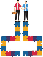 Make business deals to achieve business goal with two business people shaking hands to connect puzzle bridge, agreement to achieve business success, business partnership concept