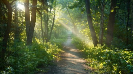 Sunbeams Through Forest Path.