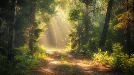 Obraz premium Sunbeams Through Forest Trees.