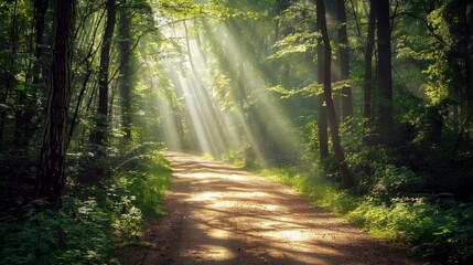Obraz premium Sunbeams Through Forest Path.