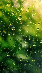Close-up of water droplets on glass with a green background, creating a refreshing and natural abstract pattern