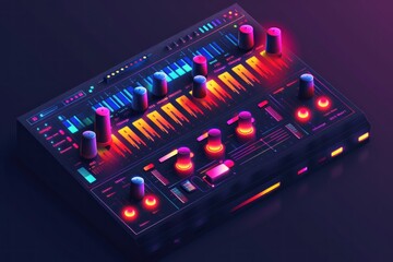 A vibrant flat design illustration featuring a 3D background music player with colorful equalizer bars pulsing in rhythm. The interface is sleek and modern, showcasing a user-friendly experience for