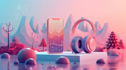 Fototapeta premium A conceptual flat design illustration of a mobile app for 3D soundscapes, showcasing realistic audio visualization with intricate waveforms and virtual headphones. The background features a serene