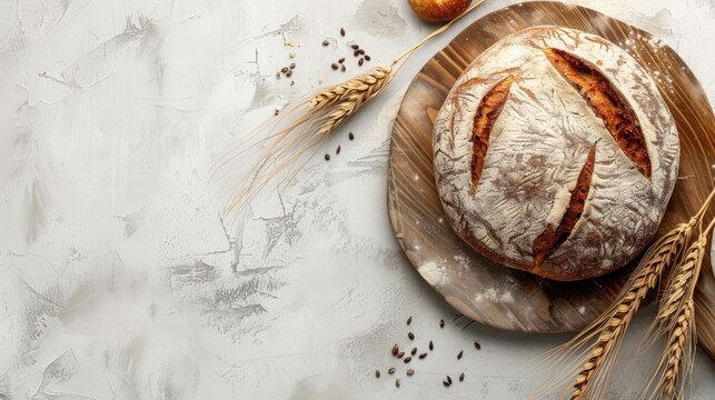 Fresh round sourdough bread with rye and wheat on concrete background modern healthy baking concept