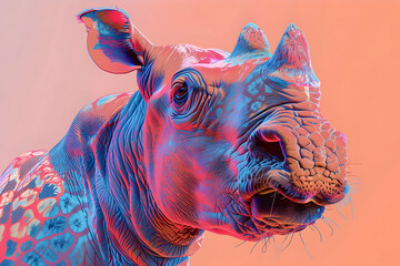 Close-up of a Rhinoceros Head in Vivid Colors - Illustration