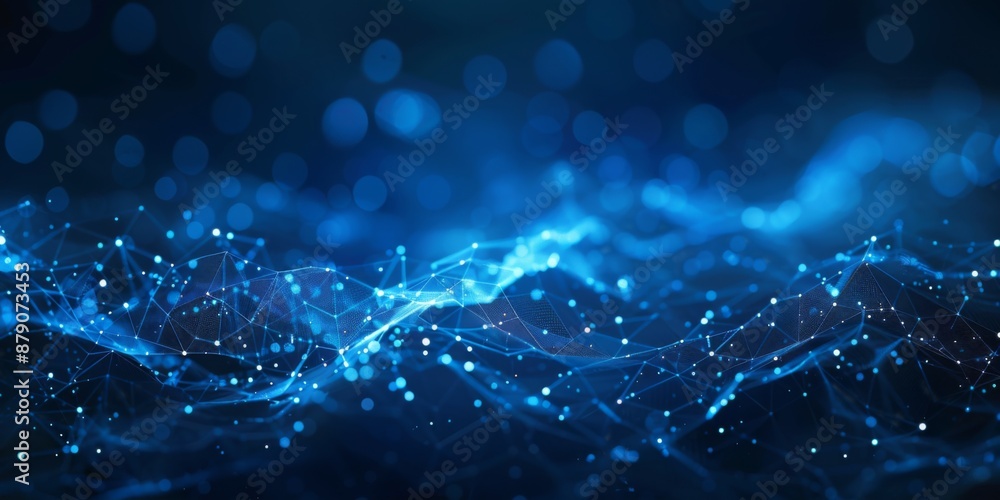Poster an abstract blue digital wave undulates against a dark black background, with glowing dots and waves
