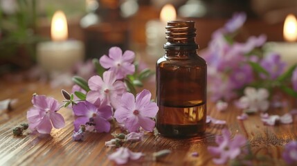 A glass bottle of essential oil sits on a wooden table surrounded by purple flowers.